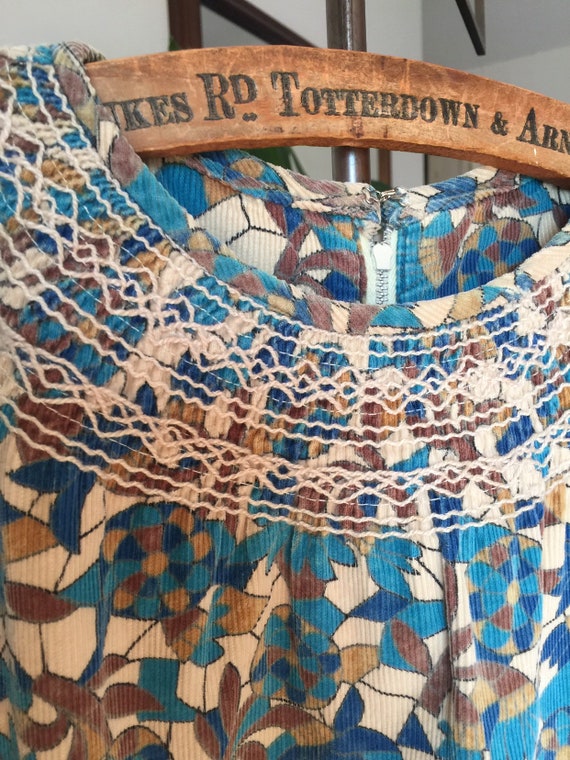 1970s Printed Corduroy Mini Dress with Smocking an