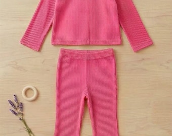 Girl Ribbed Cotton 2-Piece Outfits (Cardigan and Flare Pants / Leggings)