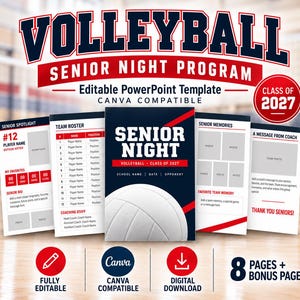 Puede incluir: Una plantilla editable de programa para la noche de seniors de voleibol en azul oscuro y rojo. El diseño incluye páginas para la lista del equipo, recuerdos y mensajes del entrenador, con un gráfico de voleibol y el texto Class of 2027.