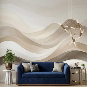 Neutral Abstract Wave Pattern Wallpaper, Minimalist Modern Mural, Organic Beige Wall Decor, Boho Living Room Accent, Zen Bedroom Art