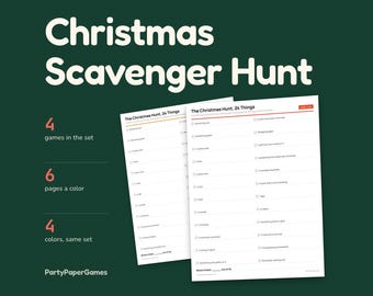 クリスマス宝探しゲーム用プリント、24個のアイテムリストと12枚の韻を踏んだ手がかりカード、解答キー、完走証明書、PDF