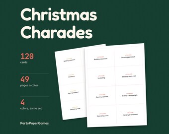 Jeu de charades de Noël à imprimer : 120 indices répartis en quatre niveaux de difficulté (30 cartes au total), deux formats et cartes vierges. Format PDF pour les fêtes et la classe.