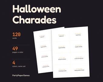 Jeu de charades d'Halloween à imprimer, 120 cartes réparties en quatre niveaux, avec gros caractères et cartes vierges, format PDF pour les fêtes et la classe