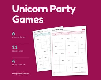 Jeux de fête licorne à imprimer, 5 jeux et panneaux de table : Bingo, Chasse aux arcs-en-ciel et Devine le contenu du bocal. Kit PDF pour anniversaire d'enfant.