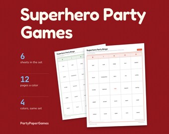 Jeux de super-héros à imprimer : 5 jeux avec panneaux de table, Bingo, Charades et Décryptage du code (PDF pour anniversaire d'enfant).