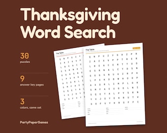 Mots mêlés sur le thème de Thanksgiving à imprimer, 30 grilles de 3 tailles avec solutions, téléchargement PDF instantané