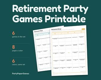 退職祝いパーティーゲーム（印刷可能）、5つのゲームセット（PDF）、退職者向け解答用紙、退職ビンゴアドバイスカード、お祝いメッセージページ