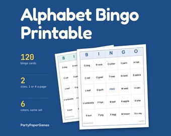 Bingo de l'alphabet à imprimer, 120 cartes avec les lettres et leurs sons initiaux, feuille d'appel et cartes pour l'animateur, format PDF pour la classe