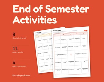 Activités de fin de semestre à imprimer (8 feuilles pour la dernière semaine) : jeux de révision, récompenses et sondage auprès de la classe (PDF).