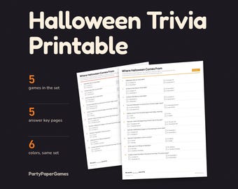 ハロウィントリビア（印刷可能）、50問のPDF（解答付き）、ハロウィンの歴史、習慣、民話、5ラウンド