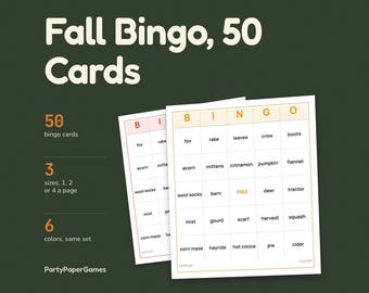 Fall Bingo Printable, 50 Autumn Bingo Cards, 1, 2 or 4 Per Page, 6 Colors, Call Sheet and Caller Cards, Classroom and Senior Center PDF