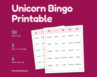 Bingo Licorne à imprimer, 50 cartes de mots, 1 ou 4 par page, 6 couleurs, feuille d'appel et cartes pour l'animateur, PDF pour anniversaire d'enfant