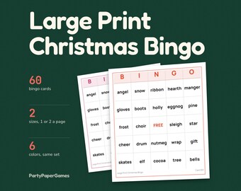 Bingo de Noël en gros caractères, 60 cartes de mots faciles à lire, 1 ou 2 par page, 6 couleurs, cartes d'animation géantes pour les seniors, PDF