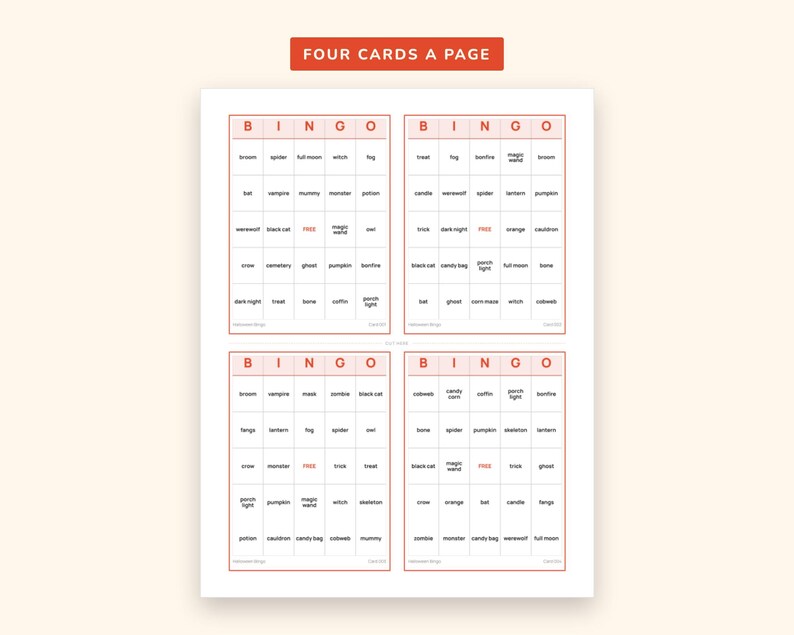 Bingo de Halloween imprimible, 50 cartones de bingo de Halloween, 1 o 4 por página, 6 colores, hoja de llamadas y tarjetas de locutor, juego de Halloween para el aula en formato PDF imagen 5