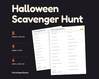 Chasse au trésor d'Halloween à imprimer : 5 chasses de 24 éléments chacune, plus des cartes à découper. Fichier PDF pour enfants et fêtes.
