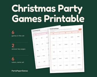 クリスマスパーティーゲーム印刷可能、6ゲームセットPDF（解答付き）、クリスマスビンゴ、ワードスクランブル、キャロルトリビア、ギフト交換