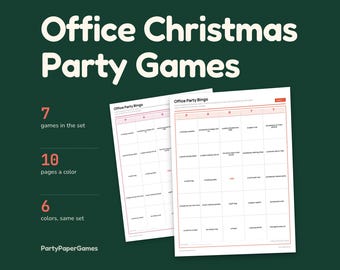オフィスのクリスマスパーティーゲーム印刷用シート、職場のホリデーパーティー用シート7枚、ビンゴ同僚クイズデスク投票用紙とテーブルサイン、PDF