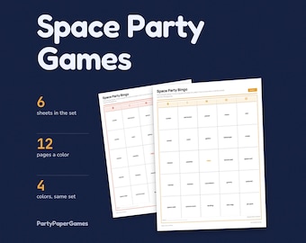 Jeux d'espace à imprimer pour une fête d'enfants : 5 jeux avec panneaux de table, Bingo, Charades, Chasse au trésor et Planètes dans l'ordre (PDF).