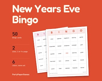 Bingo du Nouvel An à imprimer, 50 cartes de mots, 1 ou 4 par page, 6 couleurs, feuille d'appel et cartes pour l'animateur, PDF