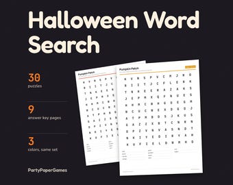 Mots mêlés d'Halloween à imprimer, 30 grilles de 3 tailles avec solutions, téléchargement PDF instantané