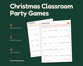 クリスマス教室パーティーゲーム印刷用シート6枚、ビンゴワードサーチマッチゲーム、教師用進行表、PDF
