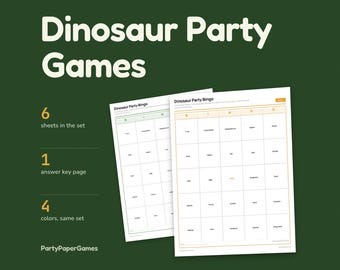 Jeux de fête sur le thème des dinosaures à imprimer : 5 jeux et panneaux de table, bingo, charades, chasse aux œufs et devinette. PDF pour anniversaire d'enfant.