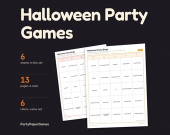 Jeux d'Halloween à imprimer : lot de 5 jeux comprenant bingo, charades, jeu « Préférez-vous ? », bulletin de vote sur les costumes et panneaux de table (PDF).