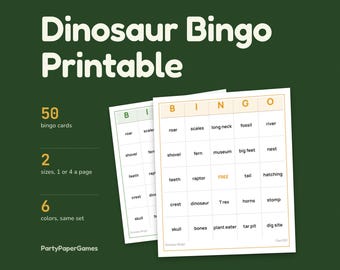 Bingo des dinosaures à imprimer, 50 cartes de mots, 1 ou 4 par page, 6 couleurs, feuille d'appel et cartes pour l'animateur, PDF pour anniversaire d'enfant