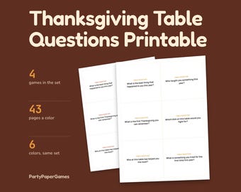 Thanksgiving Table Questions Printable, 60 Conversation Cards PDF, 2 Sizes, Place Cards and Table Sign, 6 Colors
