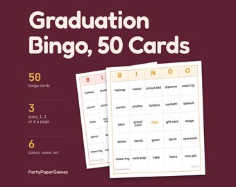 Graduation Bingo Printable, 50 Graduation Bingo Cards, 1, 2 or 4 Per Page, 6 Colors, Call Sheet and Caller Cards, Grad Party Game PDF
