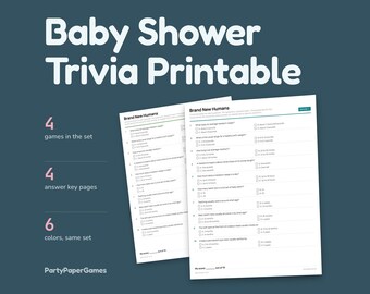 ベビーシャワーのトリビアクイズ（印刷可能）、40問のPDF（解答付き）、赤ちゃんの豆知識と動物の赤ちゃん、ゲストシート、ホストキー