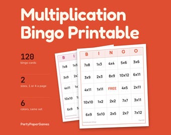 Bingo de multiplication à imprimer, 120 cartes couvrant les tables de multiplication jusqu'à 12, feuille d'appel et page pour l'enseignant, PDF