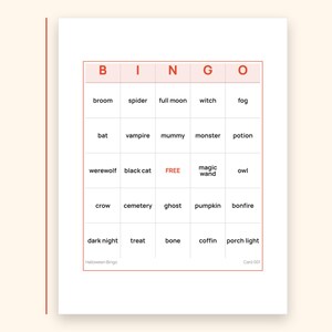 Bingo de Halloween imprimible, 50 cartones de bingo de Halloween, 1 o 4 por página, 6 colores, hoja de llamadas y tarjetas de locutor, juego de Halloween para el aula en formato PDF imagen 2