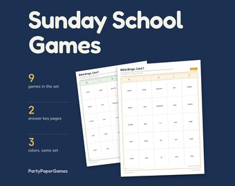 日曜学校ゲーム（印刷可能）、5つのゲームセット（解答付き）、聖書ビンゴ、聖書の本、聖句マッチング、単語探し、ジェスチャーゲーム、PDF