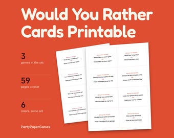 Would You Rather Cards Printable, 150 Questions PDF, 8 Per Page and Large 4 Per Page, Blank Cards, 6 Colors, Party Game