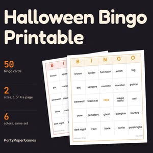 Bingo de Halloween imprimible, 50 cartones de bingo de Halloween, 1 o 4 por página, 6 colores, hoja de llamadas y tarjetas de locutor, juego de Halloween para el aula en formato PDF imagen 1