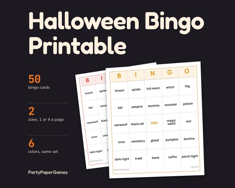 Bingo de Halloween imprimible, 50 cartones de bingo de Halloween, 1 o 4 por página, 6 colores, hoja de llamadas y tarjetas de locutor, juego de Halloween para el aula en formato PDF imagen 1