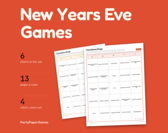 Jeux du Nouvel An à imprimer, 6 feuilles pour une fête à la maison, prédictions de bingo et panneaux de table, PDF