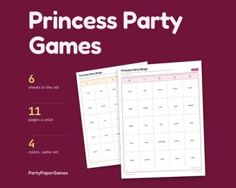 Jeux de princesse à imprimer pour une fête d'enfants : 5 jeux avec panneaux de table, bingo, charades, chasse à la couronne et bonnes manières royales (PDF).