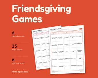 Jeux de Thanksgiving entre amis à imprimer : 4 jeux, une feuille pour le repas-partage, des étiquettes de table, un bingo, des cartes de remerciement et des charades (PDF).