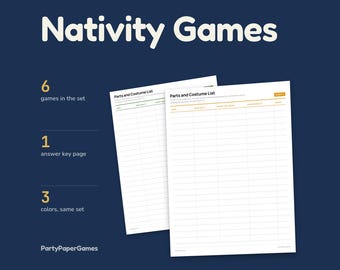 降誕劇ゲーム印刷用シート6枚（クリスマス劇や教会の夜のイベント用）、パーツリスト、リハーサルチャート、ビンゴ、ジェスチャーゲーム、PDF