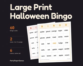 大きな文字のハロウィンビンゴ、読みやすい単語カード60枚、1ページに1枚または2枚、6色、高齢者や教室向けの特大コールカード、PDF