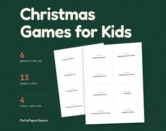 子供向けクリスマスゲーム（印刷可能）、ジェスチャーゲーム、どちらを選ぶ？ゲーム、宝探し、プレゼント当てゲームが収録された6枚のシート、PDF即時ダウンロード