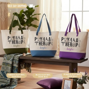 May include: Three canvas tote bags with black text reading PHYSICAL THERAPY and the name Kaylee. Each bag features icons of medical equipment and a colored base in olive green, blue, or purple, matching the shoulder straps of each respective bag.