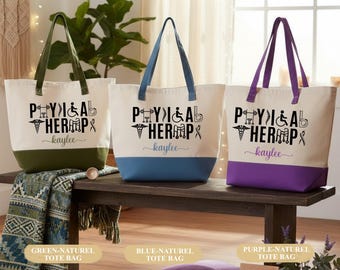 May include: Three canvas tote bags with black text reading PHYSICAL THERAPY and the name Kaylee. Each bag features icons of medical equipment and a colored base in olive green, blue, or purple, matching the shoulder straps of each respective bag.