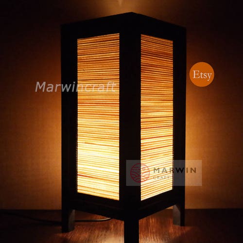 Asian Oriental Bamboo Bedside Table Lamp Decorative Wood Shades Desk Night Light