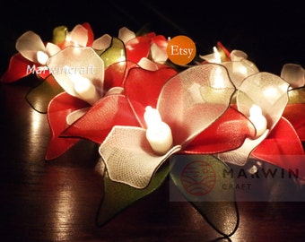 20 luces de cadena rojas, luces de hadas de flores de orquídeas, decoración del hogar para dormitorio, luces colgantes de pared para sala de estar, decoración de bodas, luces de dormitorio, batería y enchufe