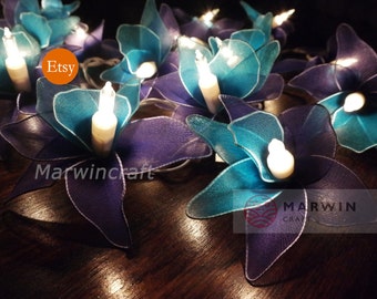 20 Blue String Lights Orchid Flower Fairy Lights Bedroom Home Decor Living Room Wall Hanging Lights Wedding Decor Dorm USB Battery Plug in