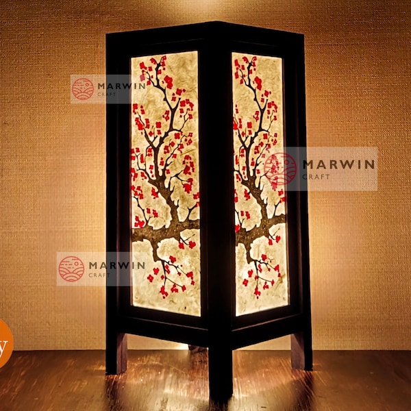 Lampe japonaise orientale asiatique en fleurs de cerisier, lampe de chevet zen, lampe de table au sol, abat-jour en papier, lumière japonaise, chambre à coucher, décoration d'intérieur, salon