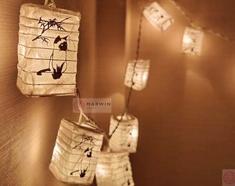 String Lights Neko Cat Bamboo Trees Japanese Paper Lantern Lamp Shade Fairy Lights Bedroom Home Decor Living Room Hang LED USB Battery Plug